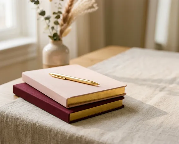 Dois cadernos elegantes com caneta dourada, representando o ebook de estratégias