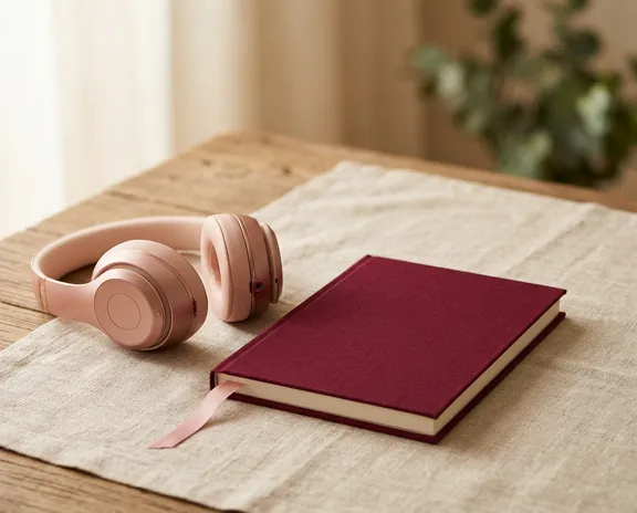 Fone de ouvido rosé e caderno vinho, representando o áudio e ebook da jornada da Kátia
