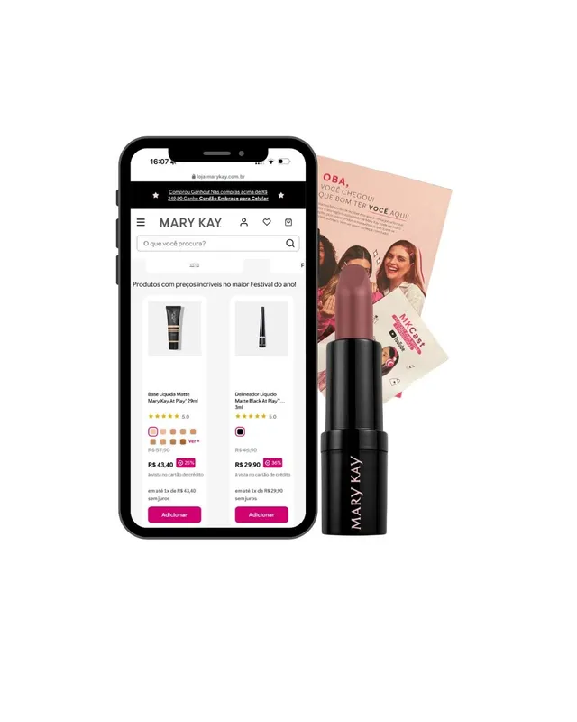 Produtos Mary Kay do Kit Express: batom, base e delineador